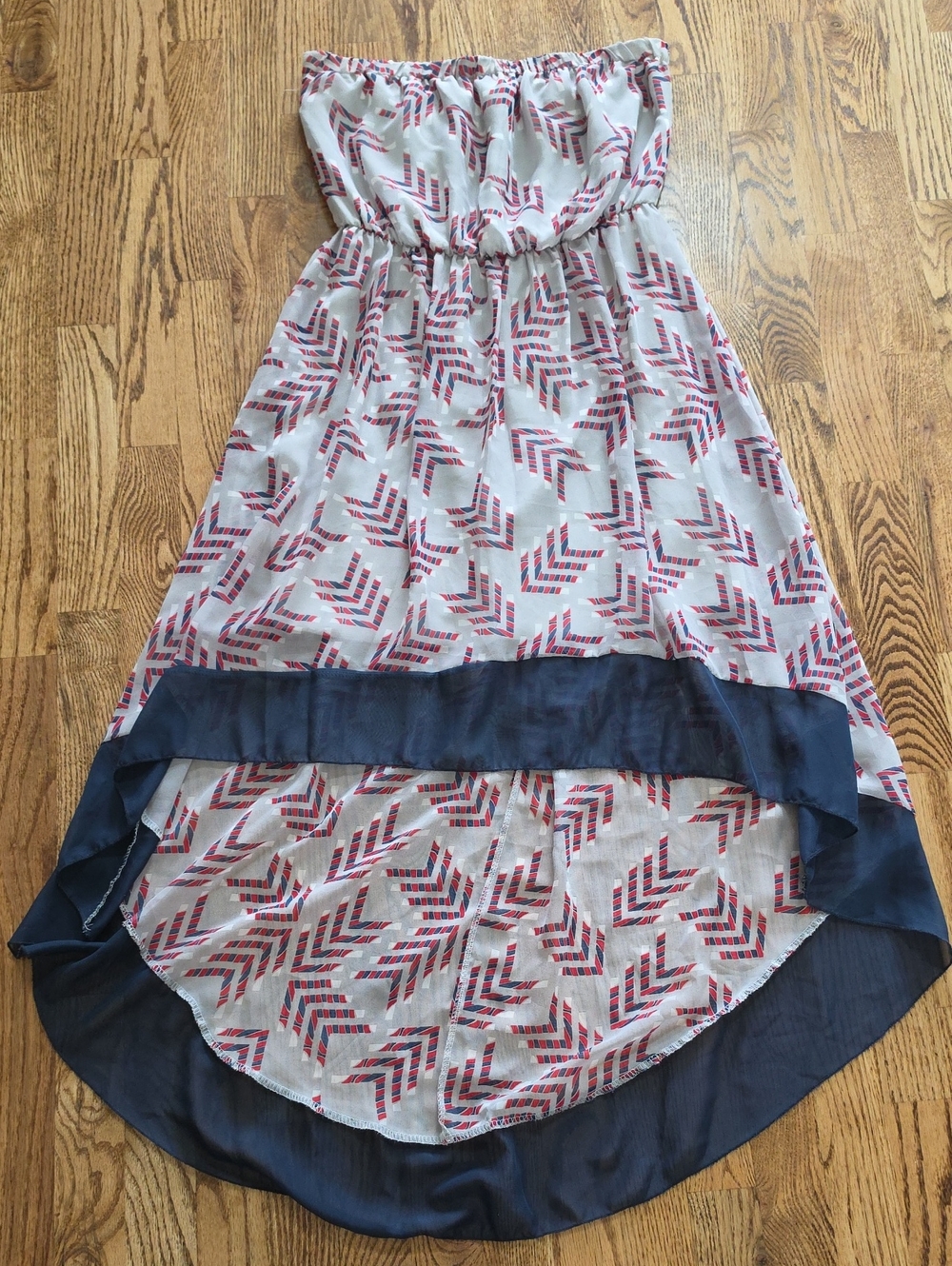 (M) Strapless High-Lo Dress Geometric Boho Vacation Wedding Chiffon Flirty Flowy